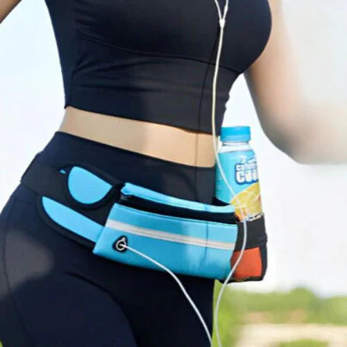 Sac de sport, sac banane, ceinture de taille bleu avec poches rangement et porte gourde