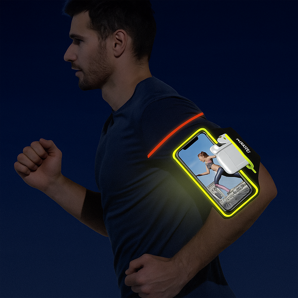 Brassard pour telephone avec vision nocturne grâce aux bandes réfléchissante