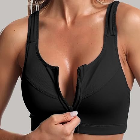 Brassières sport femme noir avec zip frontale fermeture Éclair