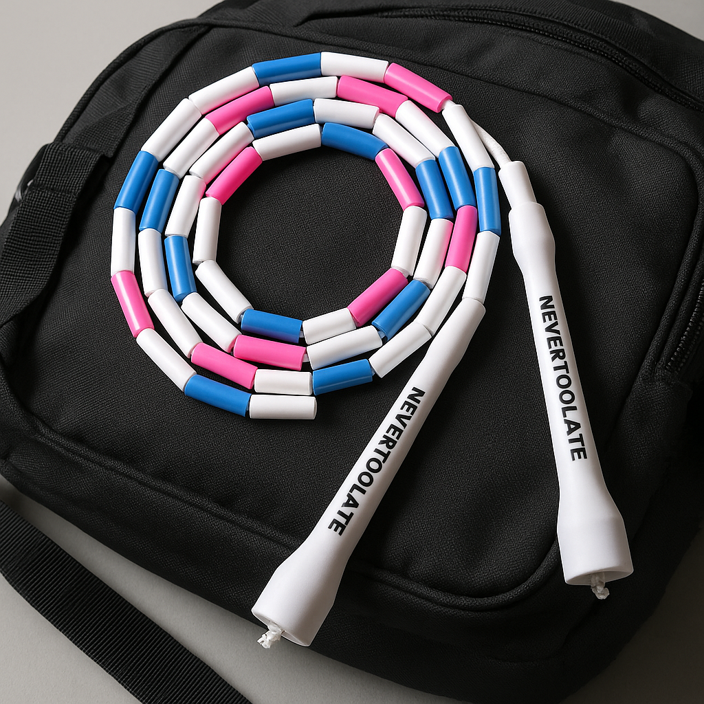 Corde à sauter perlée lourde blanche, bleu et rose Nevertoolate