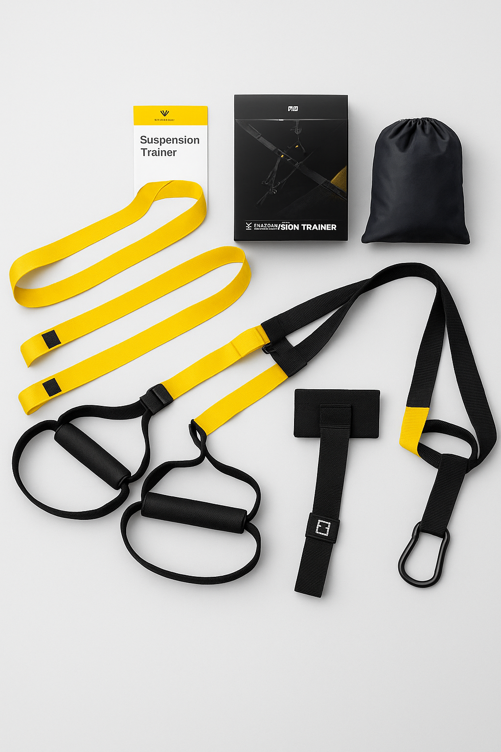 Kit complet sangle de suspension jaune et noire avec poignées, mousquetons et ancrage