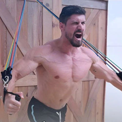 Élastique musculation avec différentes intensités, ancrage de porte et poignée en mousse confortable