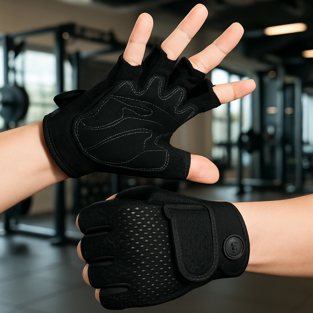 Gant pour musculation noire avec double sangle velcro poignet et maille respirante