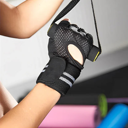 Gant pour musculation noire avec sangle poignet velcro doigts ouvert libre unisexe