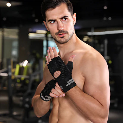 Gant pour musculation noire avec sangle poignet velcro doigts ouvert libre réduit risques blessures