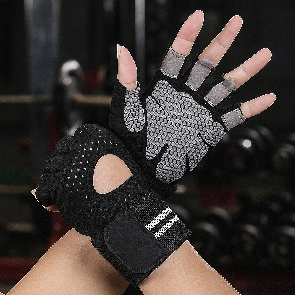 Gant pour musculation noire avec sangle poignet velcro doigts ouvert libre adhérence et grip optimal 