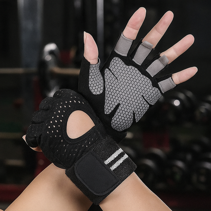 Gant pour musculation noire avec sangle poignet velcro doigts ouvert libre adhérence et grip optimal 
