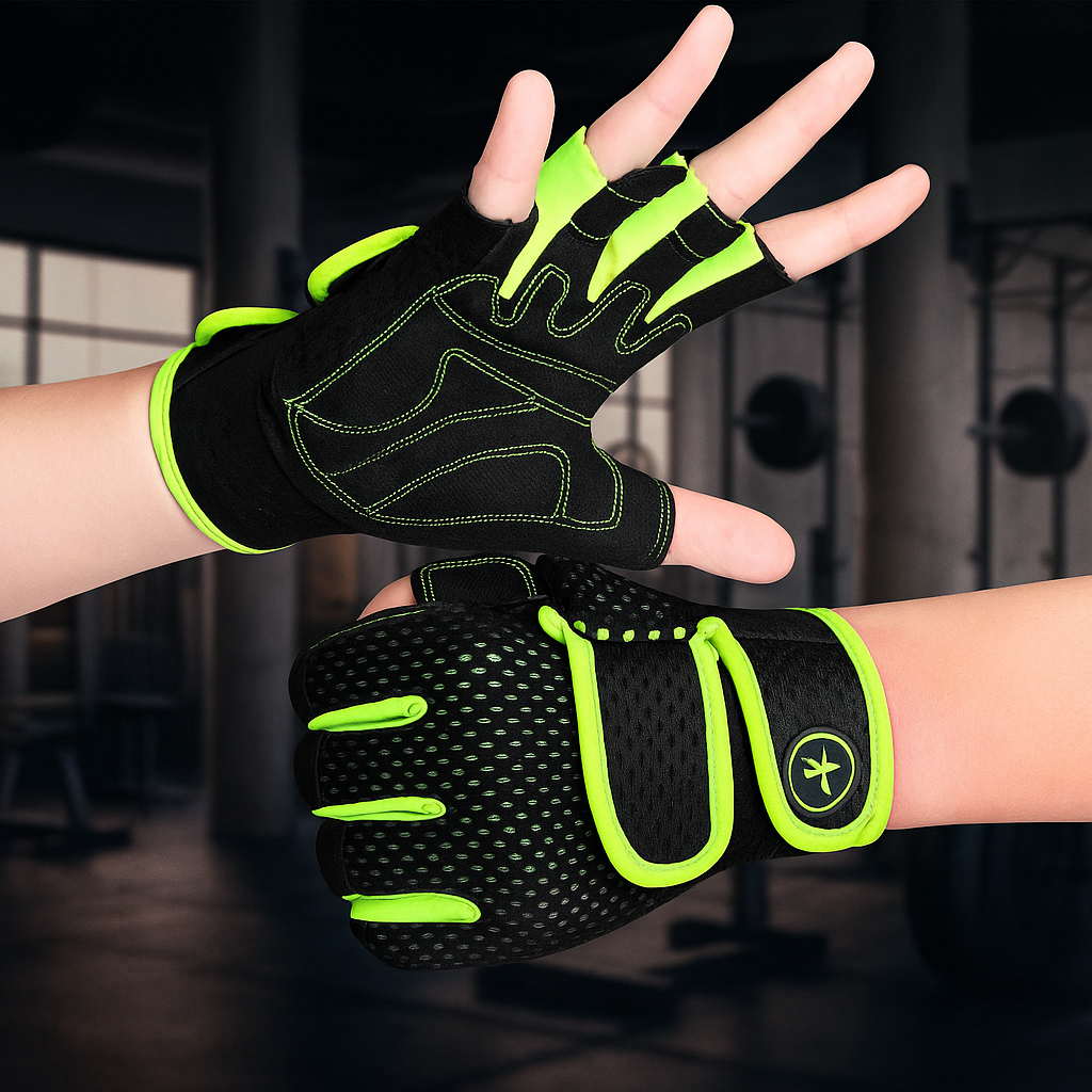 Gant pour musculation vert avec double sangle velcro poignet 