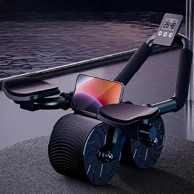 Roue pour abdominaux avec compteur et support téléphone noir