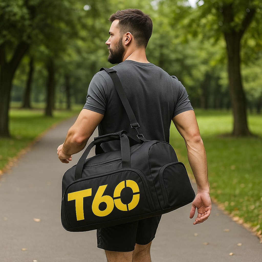 Sac de sport polyvalent, T60, grande capacité, plusieurs rangements, noir et jaune