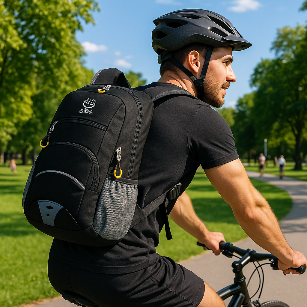 Sac de sport, sac à dos noire multifonction avec poches filet, porte gourde sur les cotés et poches multiples fermeture eclair