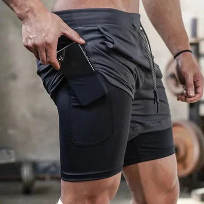 Short de sport homme gris double couche poche téléphone
