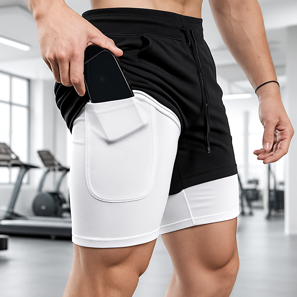 Short de sport homme noir et blanc double couche poche téléphone
