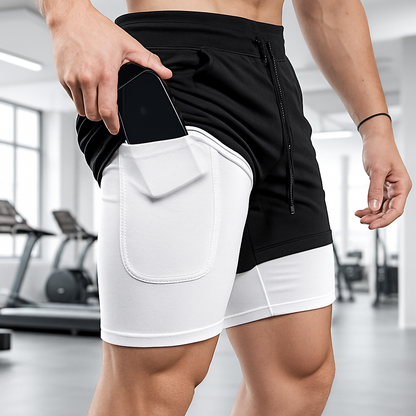 Short de sport homme noir et blanc double couche poche téléphone