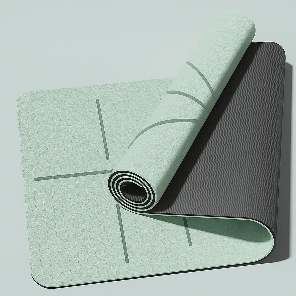 Tapis de yoga vert écologique avec lignes alignements, surface antidérapante