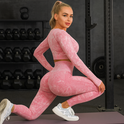 Tenue yoga ensemble legging push-up taille haute et crop top manches longues